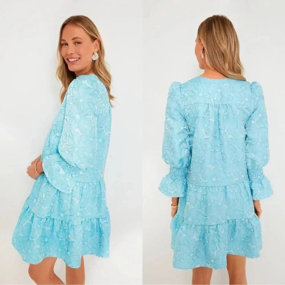 New Tuckernuck Pomander Place Blue Daisy Jacquard Kenzo Long Sleeve Mini Dress - Picture 2 of 14